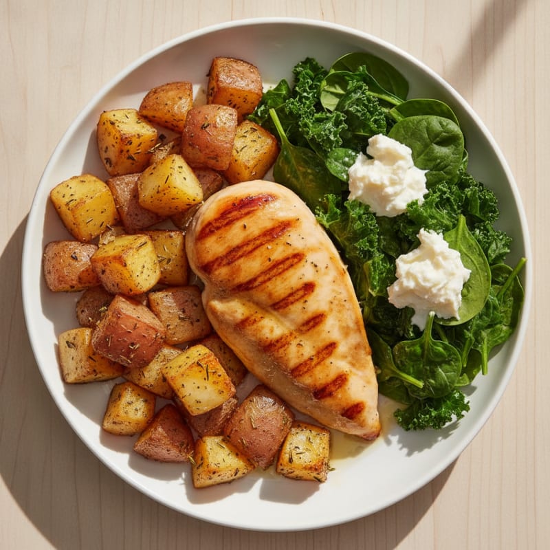 Grilled Chicken Breast with Roasted Potatoes and Steamed Greens