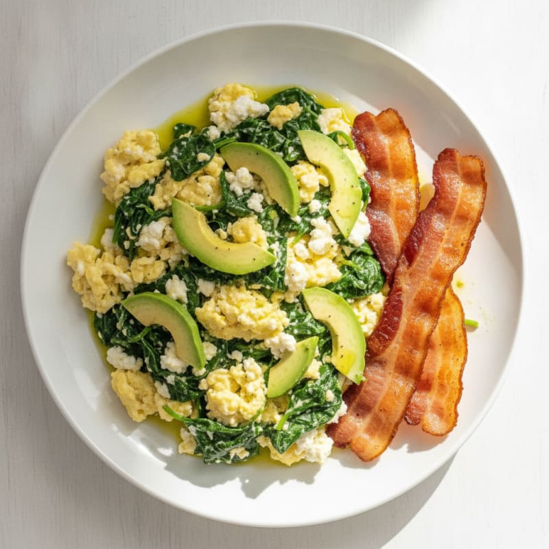 Cottage Cheese Egg Scramble with Spinach and Turkey Bacon