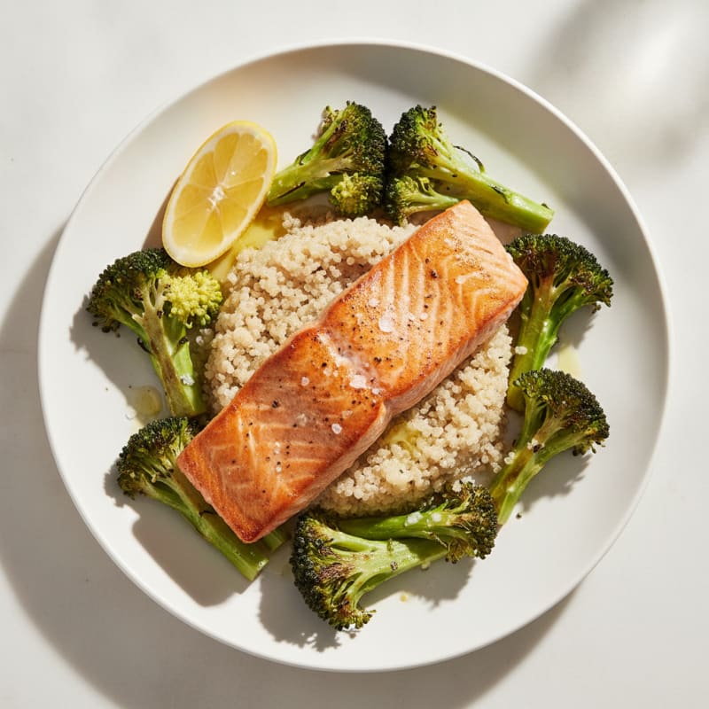 Seared Salmon Fillet with Roasted Broccoli and Quinoa