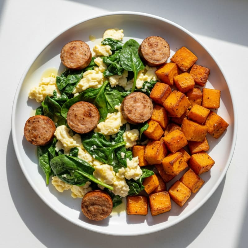 Egg White and Spinach Scramble with Turkey Sausage and Roasted Sweet Potatoes