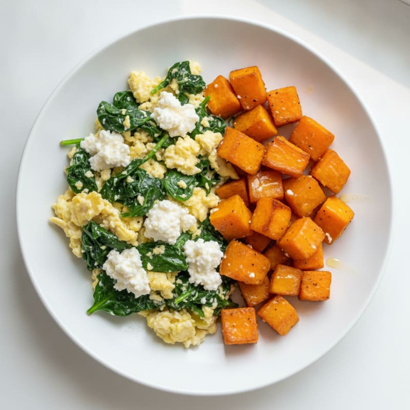 Egg White and Spinach Scramble with Cottage Cheese and Roasted Sweet Potato