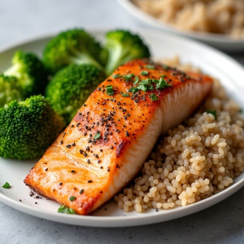 Seared Salmon with Steamed Broccoli and Brown Rice