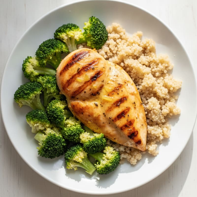 Grilled Chicken Breast with Steamed Broccoli and Quinoa