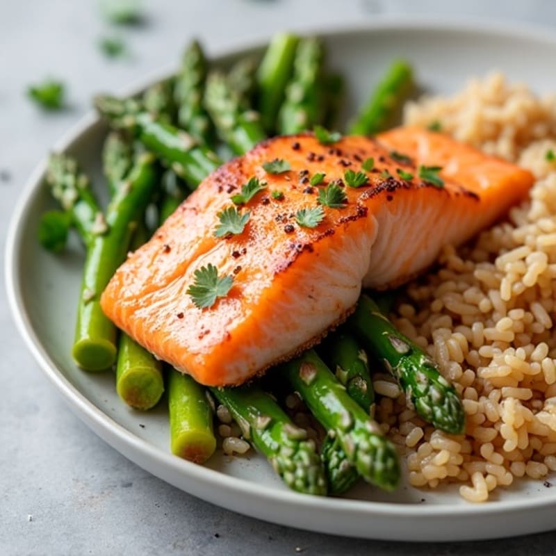 Seared Salmon with Steamed Asparagus and Brown Rice