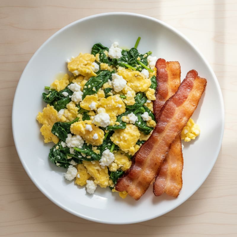 Cottage Cheese Egg Scramble with Spinach and Turkey Bacon