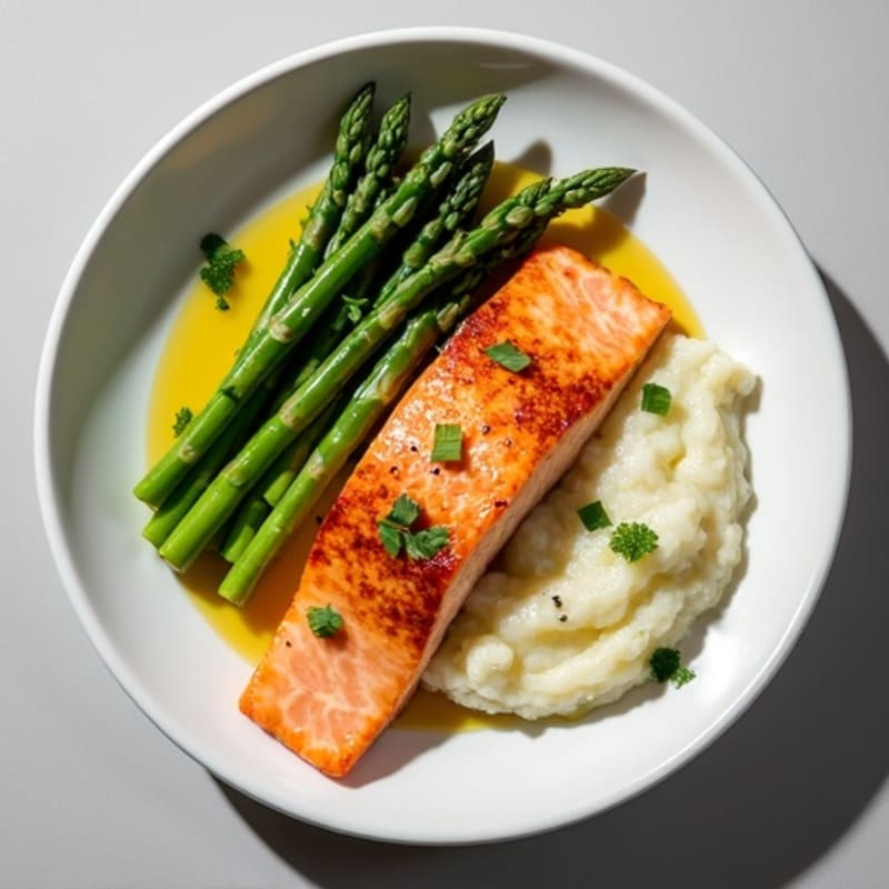 Seared Salmon with Steamed Asparagus and Cauliflower Mash