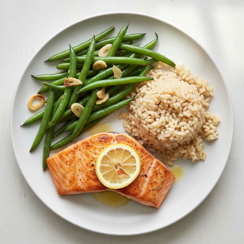 Seared Salmon with Garlic Green Beans and Brown Rice