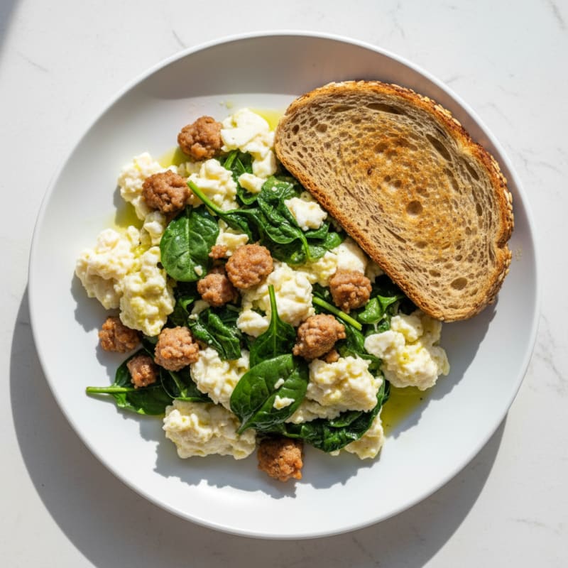 Egg White Scramble with Turkey Sausage and Sautéed Spinach