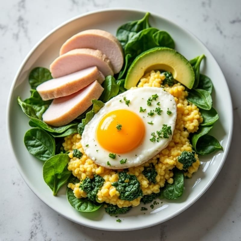 Egg White and Spinach Scramble with Cottage Cheese, Sliced Turkey, and Avocado