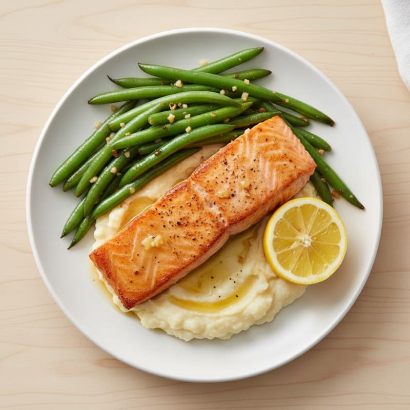 Seared Salmon with Garlic Green Beans and Mashed Cauliflower