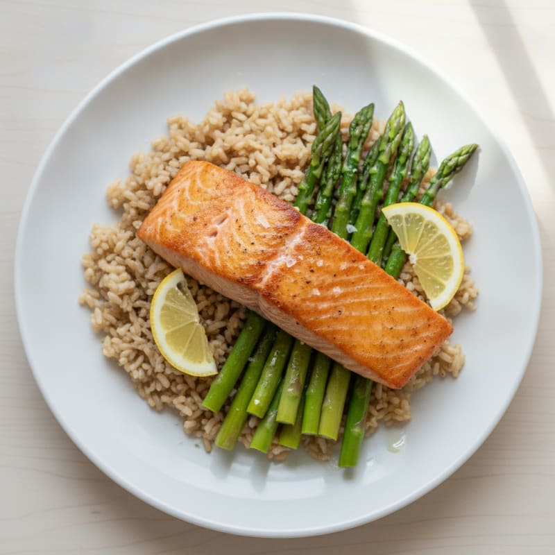 Seared Salmon Fillet with Steamed Asparagus and Brown Rice