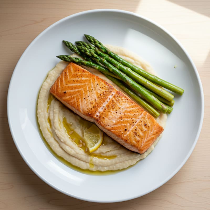 Seared Salmon Fillet with Creamy White Bean Mash and Steamed Asparagus