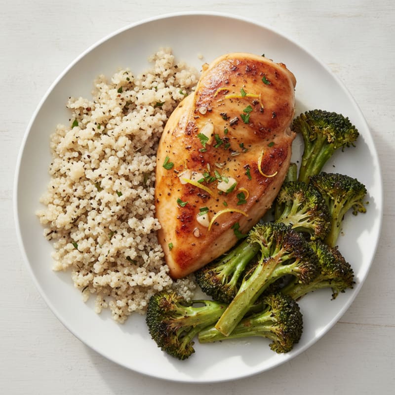 Lemon-Herb Roasted Chicken with Quinoa and Charred Broccoli
