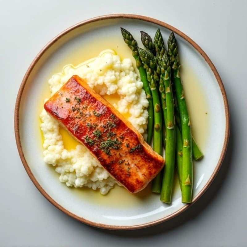 Seared Salmon with Steamed Asparagus and Cauliflower Mash