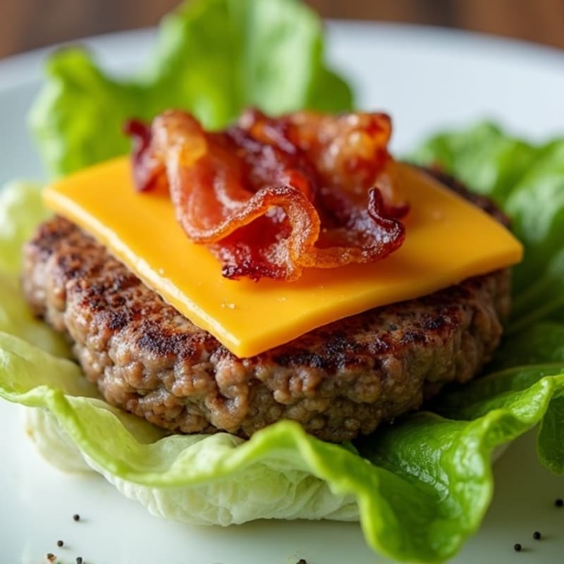 Lean Beef Patties with Crispy Turkey Bacon, Melted Sharp Cheddar, and Fresh Lettuce Wraps