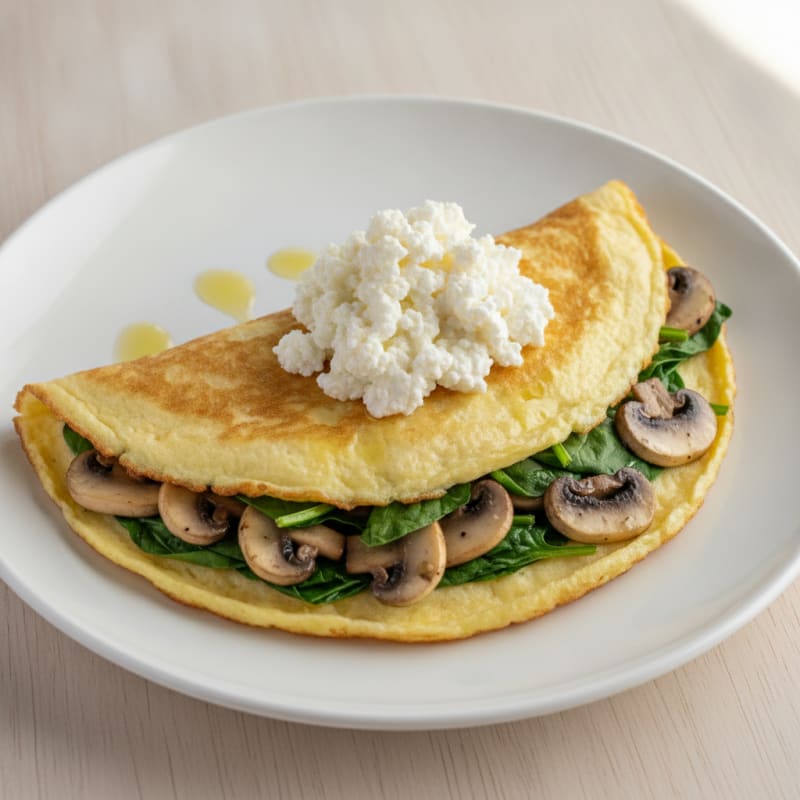 Egg White Spinach Omelette with Cottage Cheese and Sautéed Mushrooms