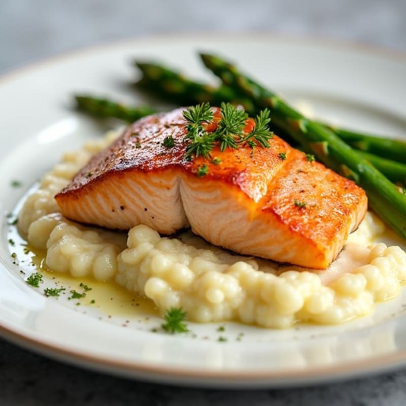 Baked Salmon with Steamed Asparagus and Cauliflower Mash