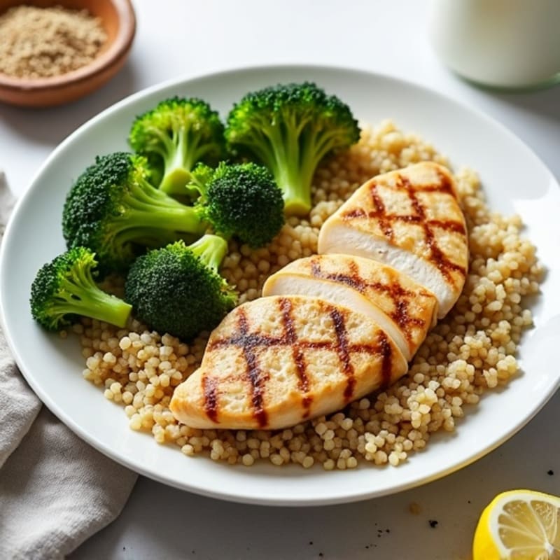 Grilled Chicken Breast and Quinoa Salad with Roasted Broccoli