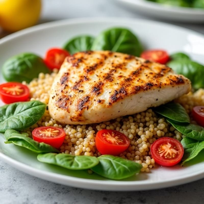 Grilled Chicken Breast over Quinoa Spinach Salad