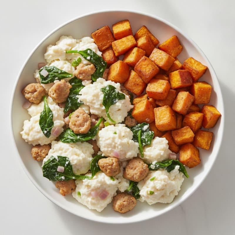 Egg White and Turkey Sausage Scramble with Spinach and Roasted Sweet Potato