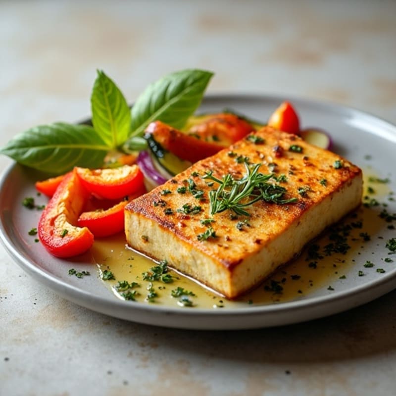 Pan-Seared Herbed Tofu Steak with Roasted Vegetables