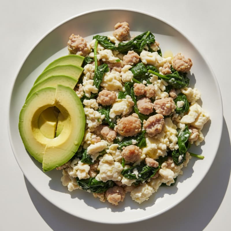 Scrambled Egg Whites with Turkey Sausage and Sautéed Spinach
