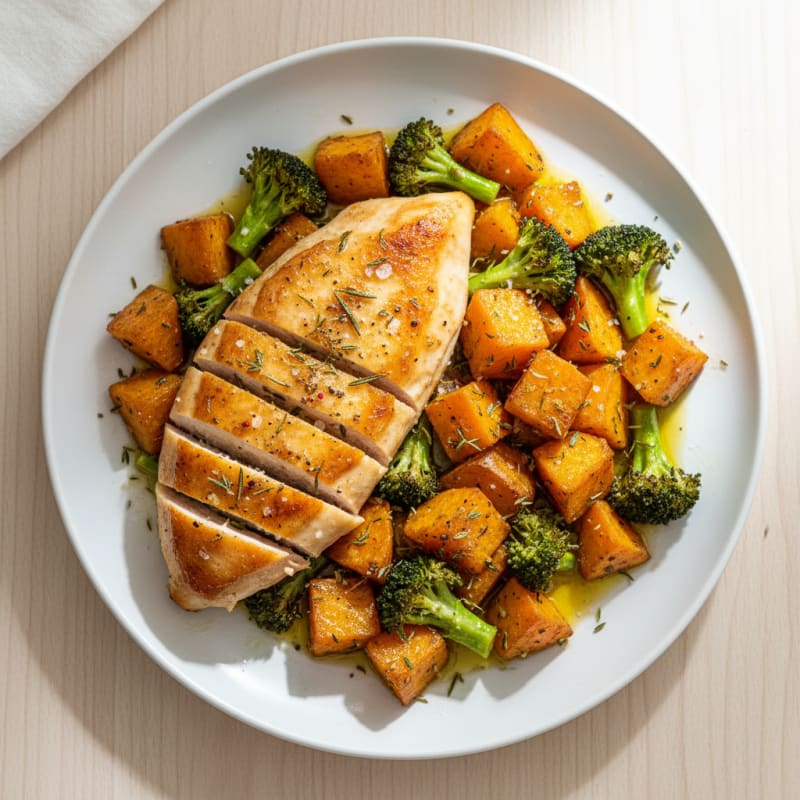 Caramelized Garlic Herb Sweet Potatoes with Roasted Chicken