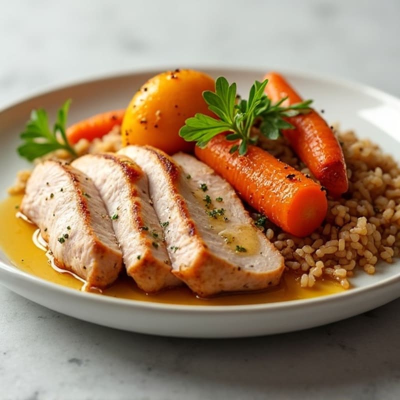 Seared Turkey Breast with Roasted Root Vegetables and Brown Rice