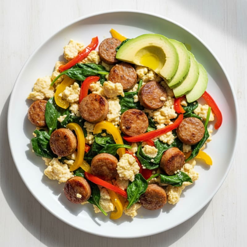 Egg White and Turkey Sausage Scramble with Spinach and Bell Peppers
