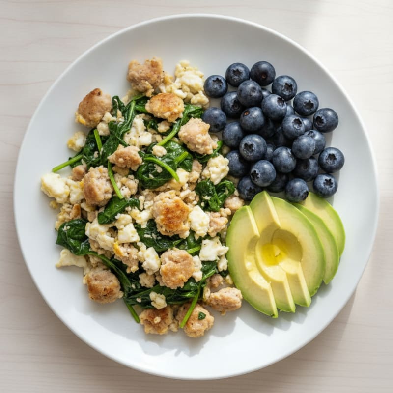 Scrambled Egg Whites with Turkey Sausage and Sautéed Spinach