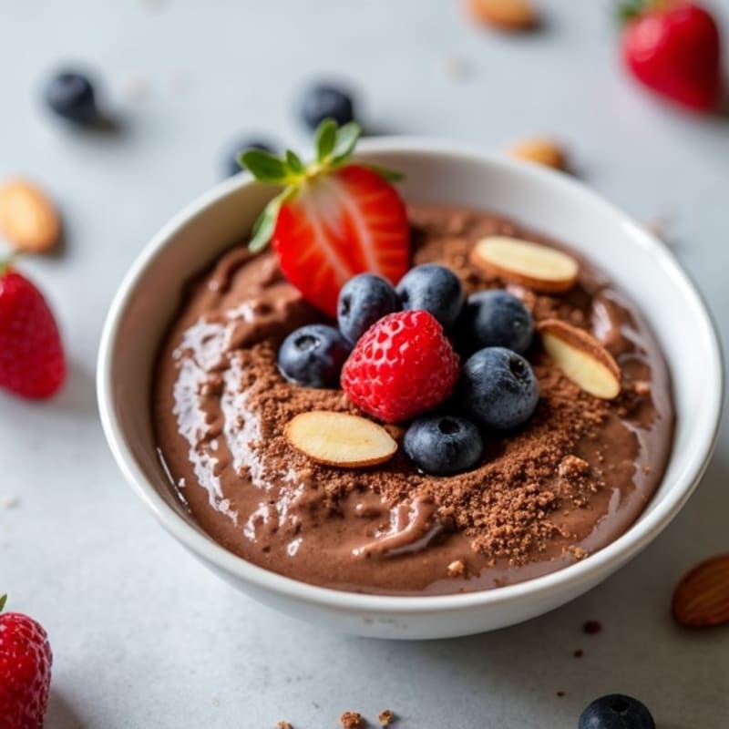 Creamy Chocolate Protein Chia Pudding with Fresh Berries and Crunchy Almonds