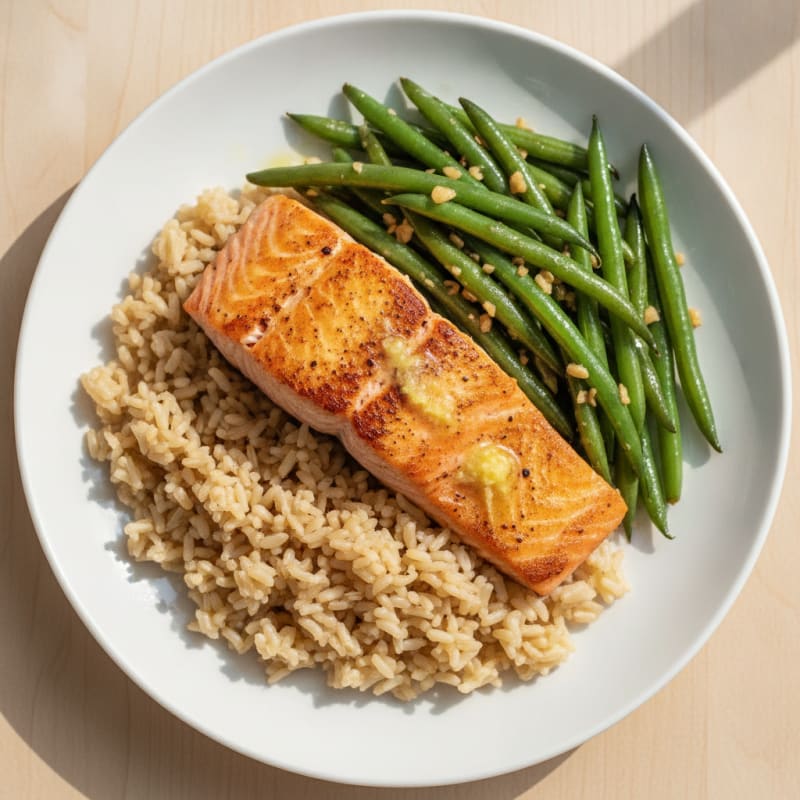 Seared Salmon with Garlic Green Beans and Brown Rice