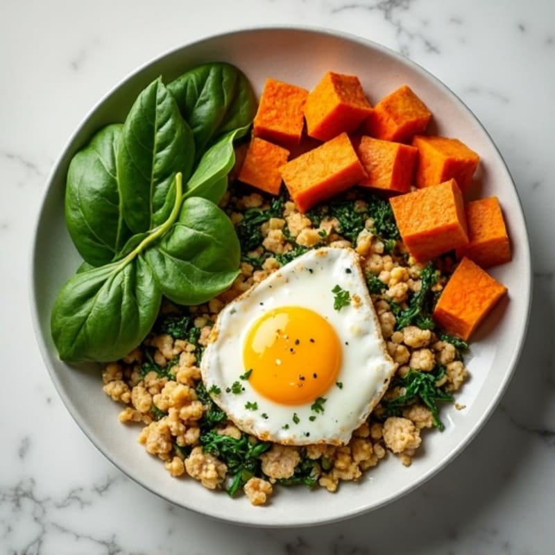 Egg White and Turkey Spinach Scramble with Roasted Sweet Potato
