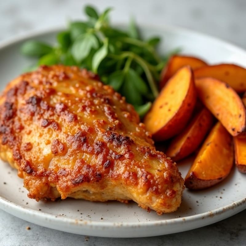 Crispy Air Fryer Honey-Garlic Chicken with Sweet Potato Wedges