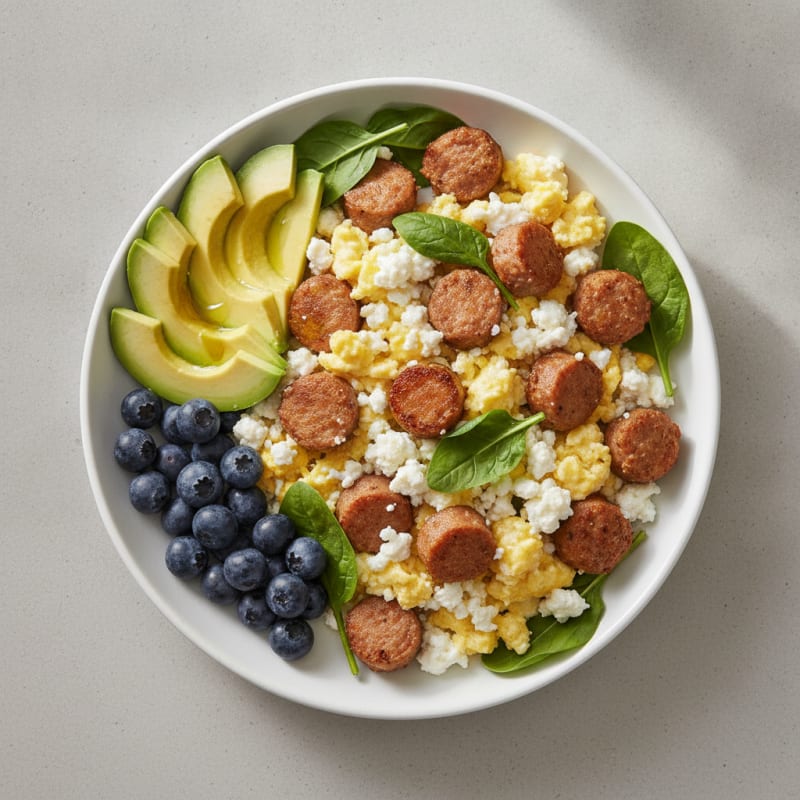 Scrambled Eggs with Turkey Sausage and Cottage Cheese