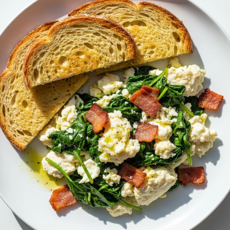 Crispy Turkey Bacon and Egg White Scramble with Sautéed Spinach