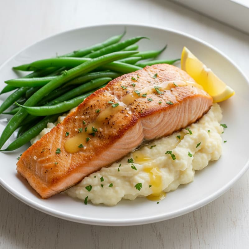 Seared Salmon with Steamed Green Beans and Garlic Mashed Cauliflower