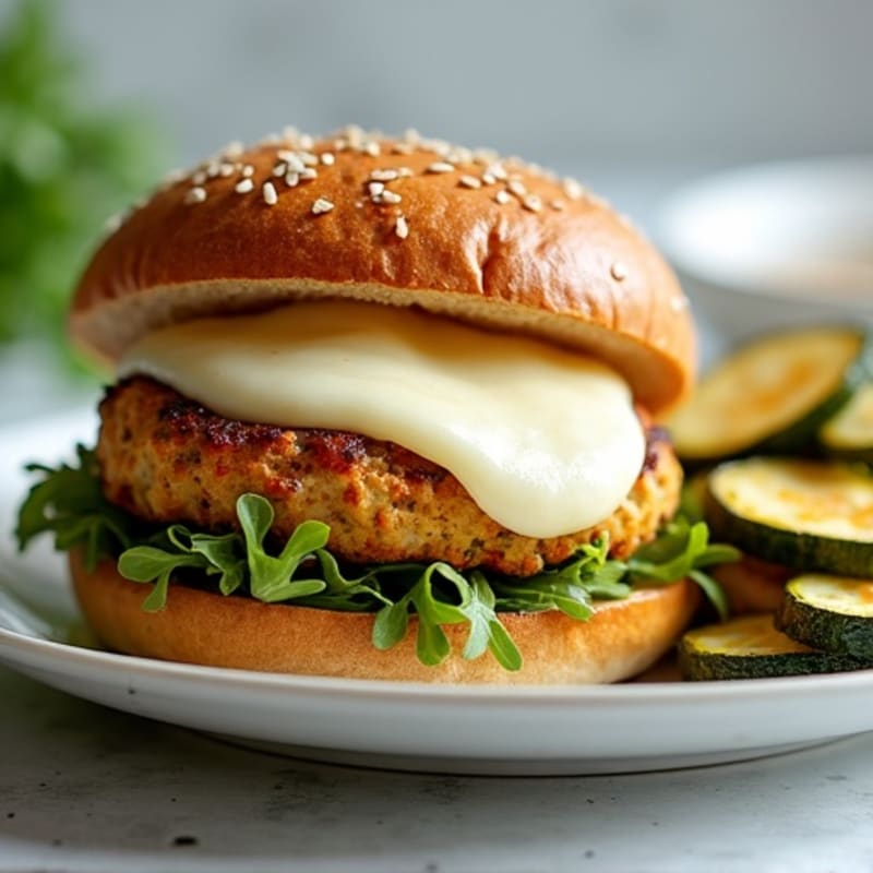 Lean Chicken Burger with Melted Mozzarella and Crispy Roasted Zucchini