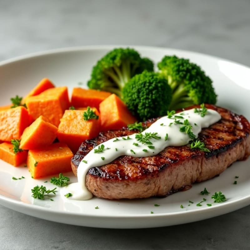 Seared Steak with Roasted Sweet Potatoes, Steamed Broccoli & Creamy Yogurt Drizzle