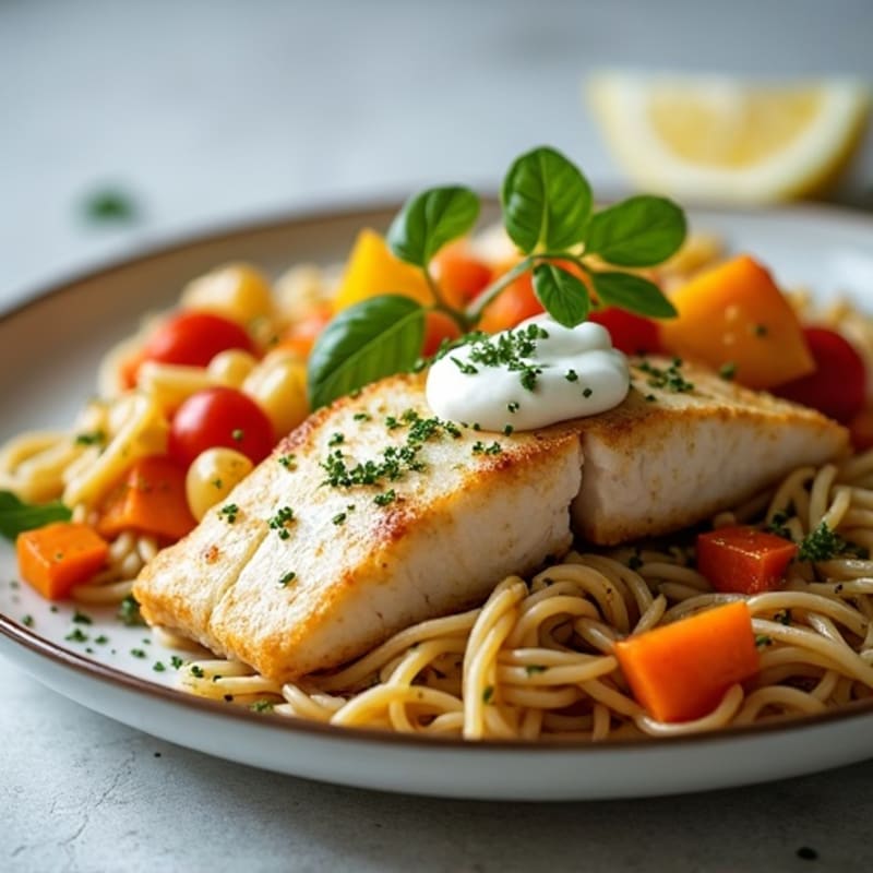 Pan Seared Fish with Roasted Vegetables and Herb Pasta
