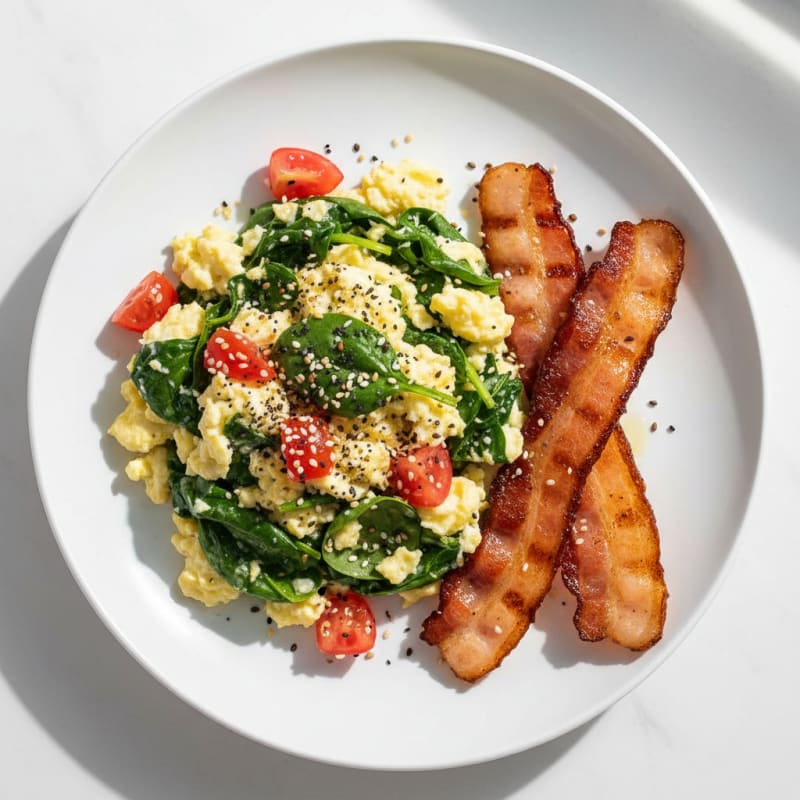 Egg White Spinach Scramble with Grilled Turkey Bacon
