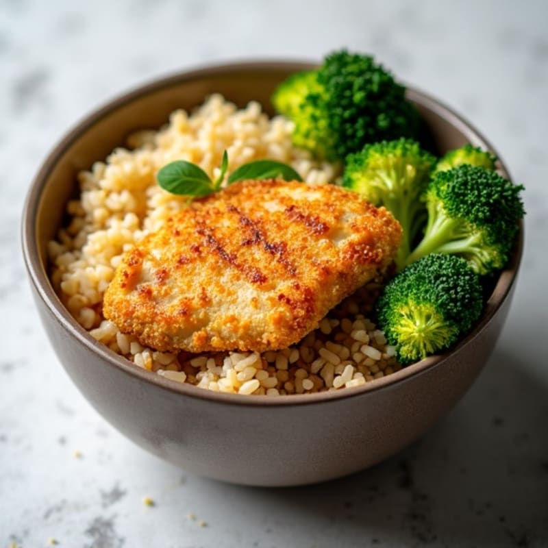 Crispy Lemon Chicken and Roasted Broccoli Brown Rice Bowl