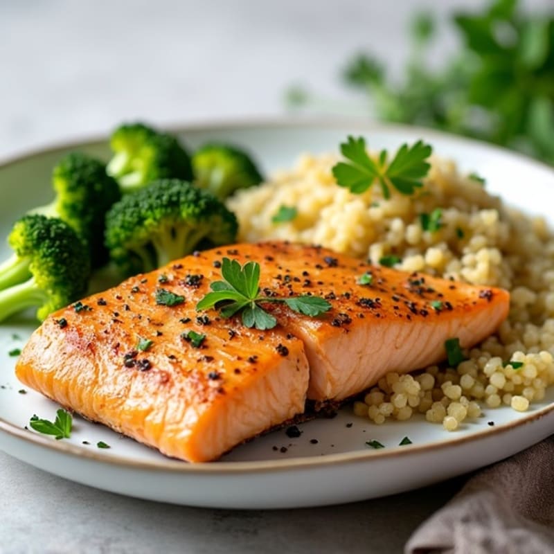 Seared Salmon with Steamed Broccoli and Lemon Herb Quinoa