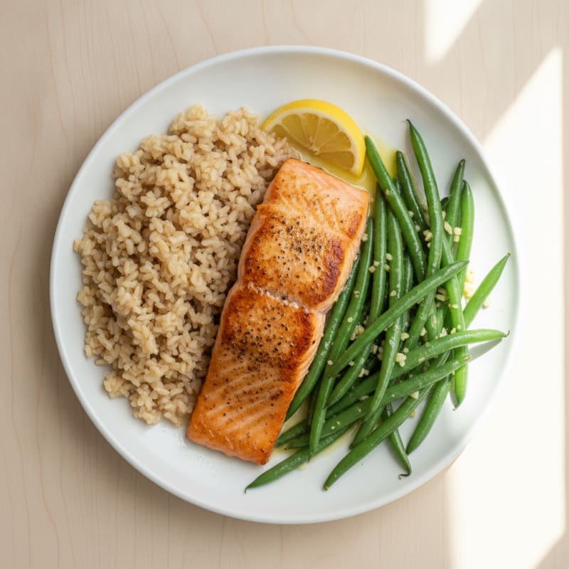 Seared Salmon with Garlic Green Beans and Brown Rice