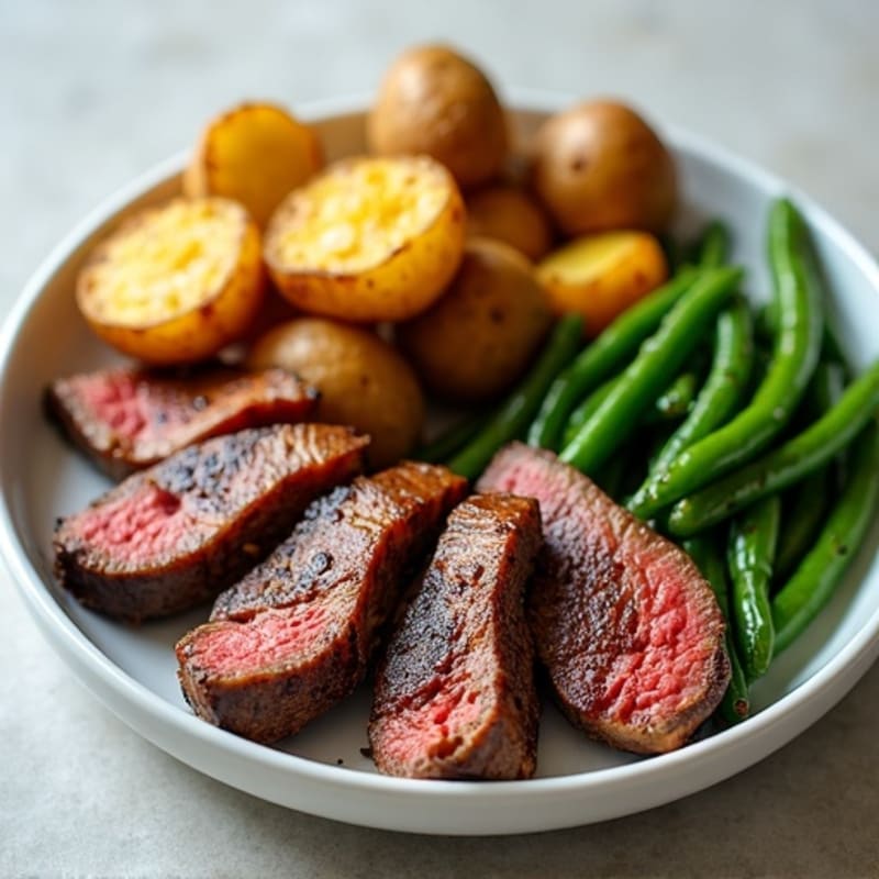 Seared Beef Strips with Roasted Potatoes and Garlic Green Beans