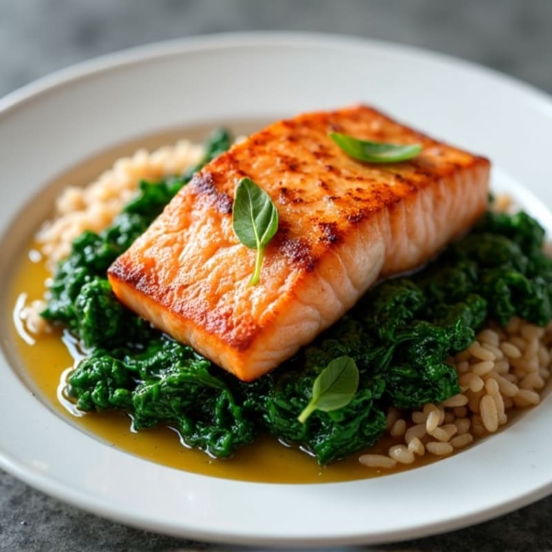Seared Salmon Fillet with Garlic Spinach and Brown Rice