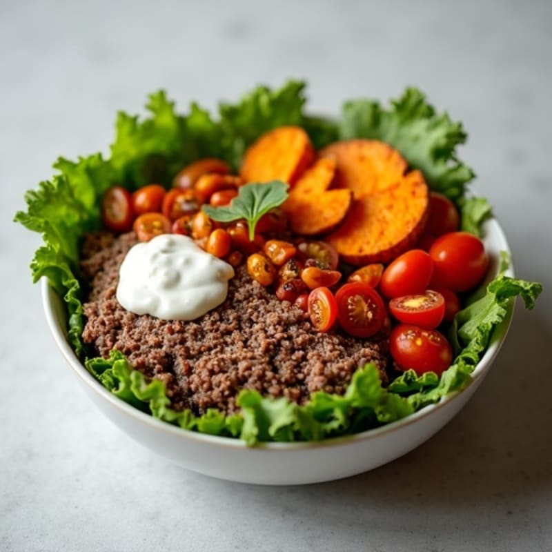 Lean Ground Beef Burger Bowl with Roasted Sweet Potatoes and Creamy Chipotle Dressing
