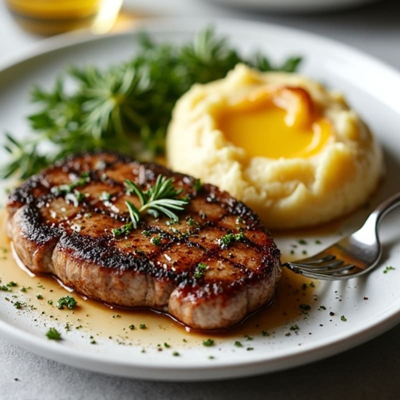 Herb-Crusted Pan Seared Steak with Roasted Garlic Smashed Potatoes