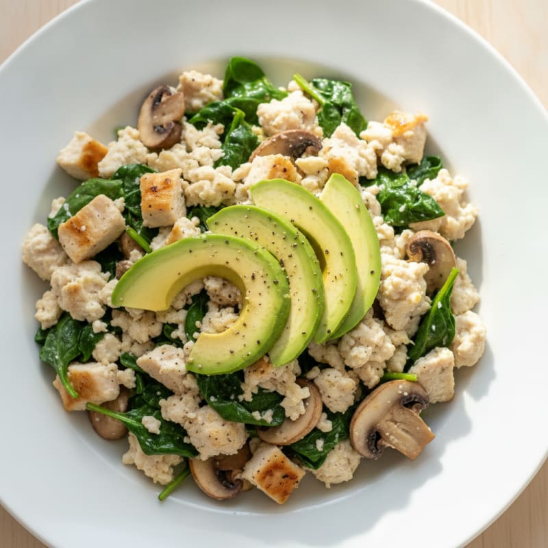 Chicken Egg White Scramble with Spinach and Mushrooms