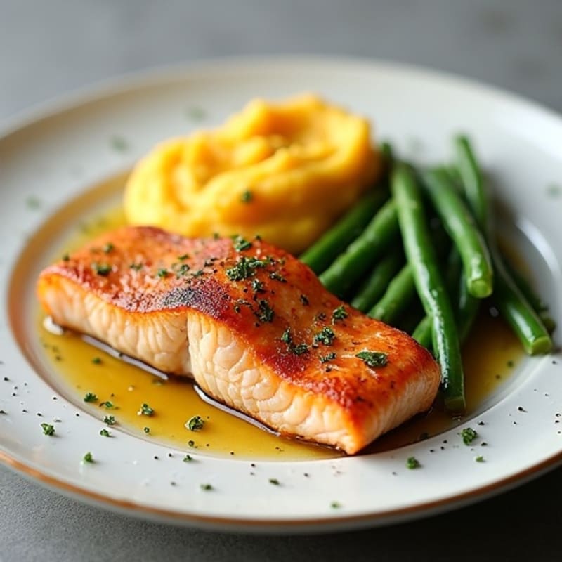 Seared Salmon Fillet with Garlic Green Beans and Mashed Sweet Potato